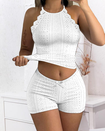 Halter Short Sleeve Hollow out Tank and Casual Shorts Set